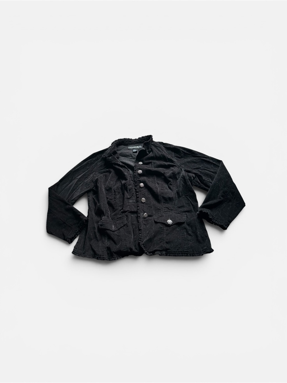 Christiana Zinn Black Corduroy Ruffle Hem Jacket with Embellished Buttons